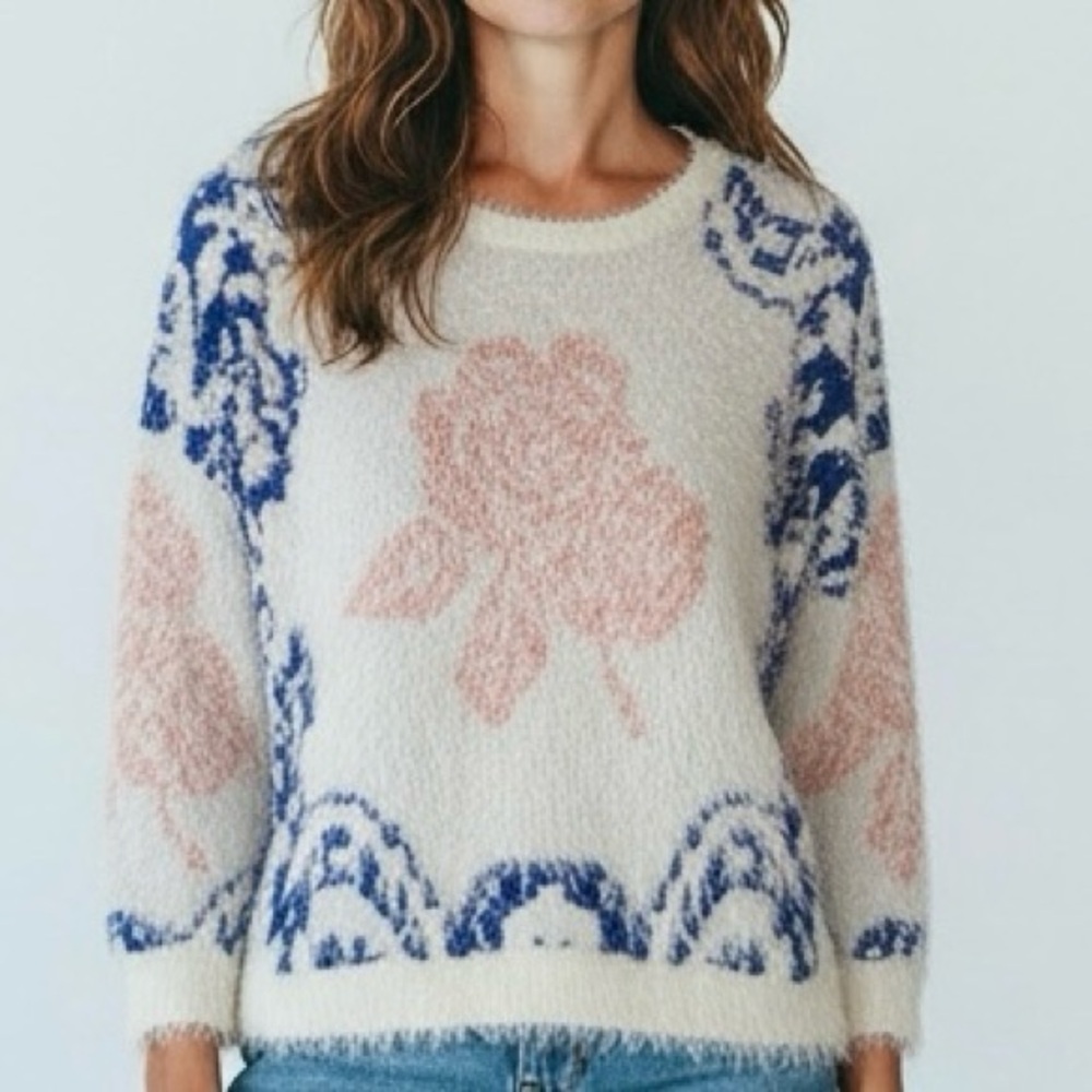 Anthropologie La Fee Verte Eyelash Floral Sweater Cream Fuzzy Womens Petite XS